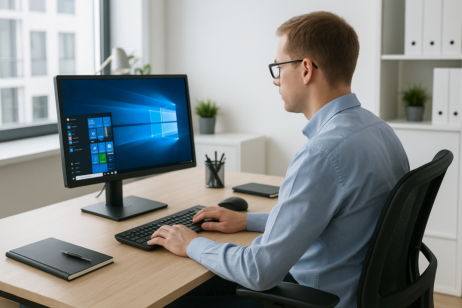 a white person using a windows computer in an office setup 