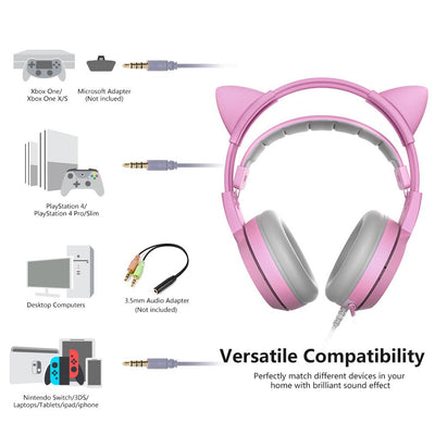 Limited Edition Pink Cat Ear Over-ear Wired Gaming Headset with Microphone For PS4 Xbox